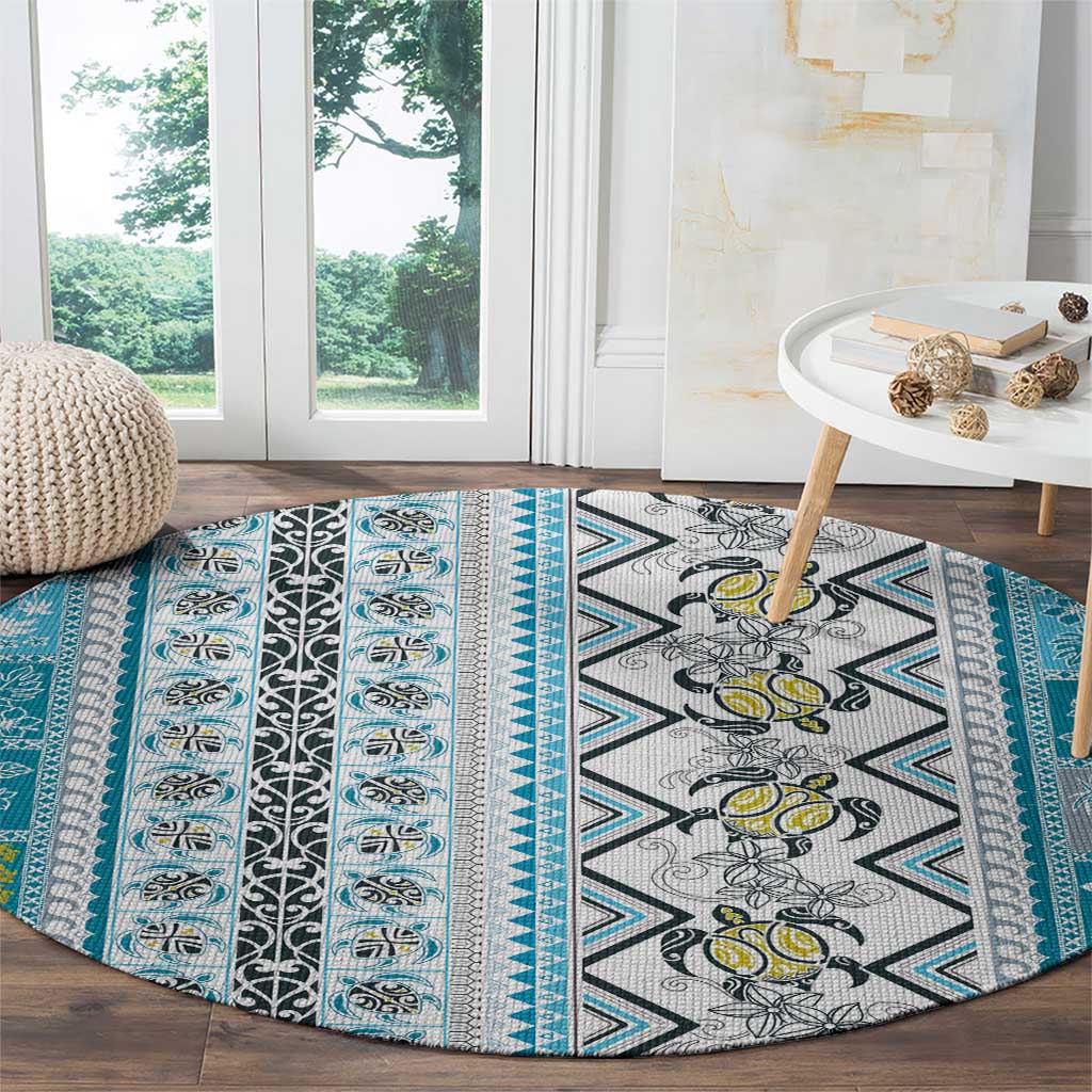 Hawaii Makahiki Turtle Round Carpet Blue Tapa Pattern LT05 - Polynesian Pride