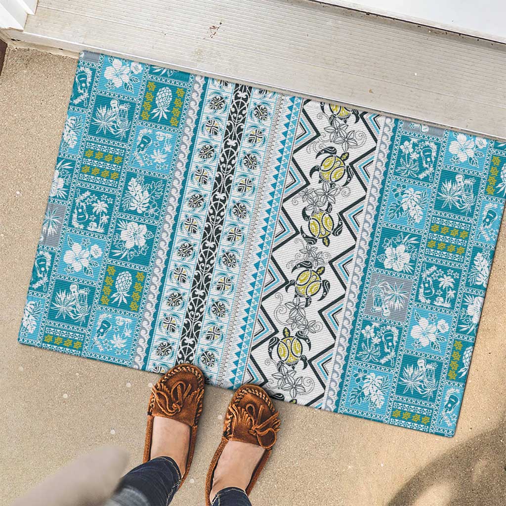 Hawaii Makahiki Turtle Rubber Doormat Blue Tapa Pattern - Polynesian Pride