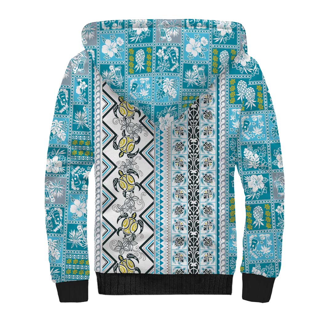 Hawaii Makahiki Turtle Sherpa Hoodie Blue Tapa Pattern LT05 - Polynesian Pride