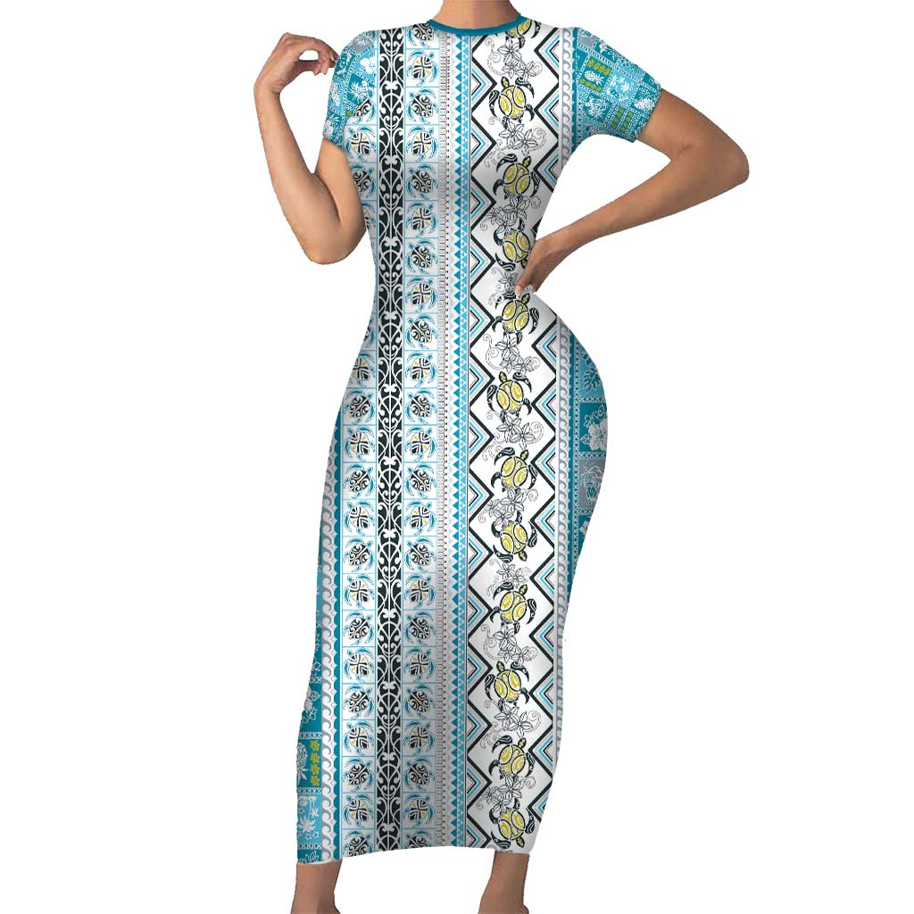 Hawaii Makahiki Turtle Short Sleeve Bodycon Dress Blue Tapa Pattern LT05 Long Dress Blue - Polynesian Pride