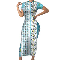 Hawaii Makahiki Turtle Short Sleeve Bodycon Dress Blue Tapa Pattern LT05 Long Dress Blue - Polynesian Pride