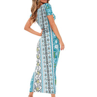 Hawaii Makahiki Turtle Short Sleeve Bodycon Dress Blue Tapa Pattern LT05 - Polynesian Pride