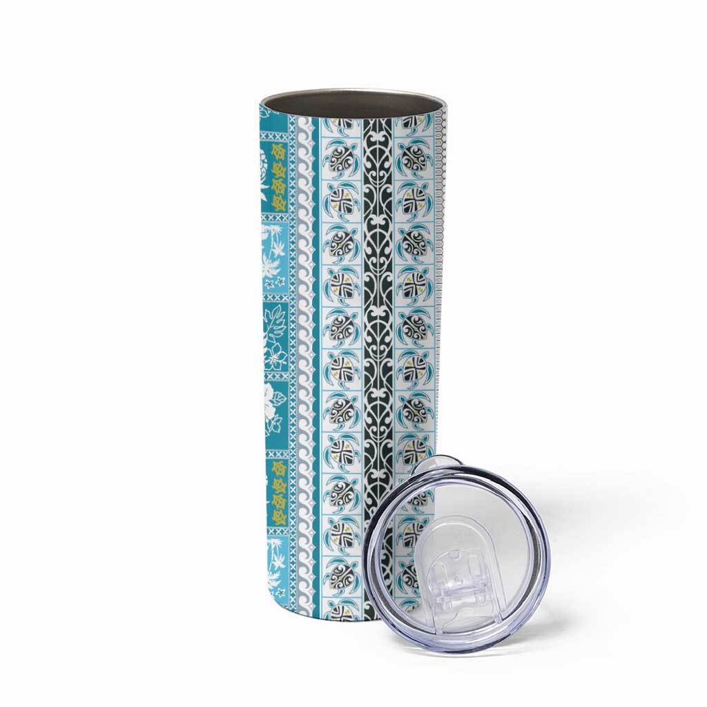 Hawaii Makahiki Turtle Skinny Tumbler Blue Tapa Pattern - Polynesian Pride