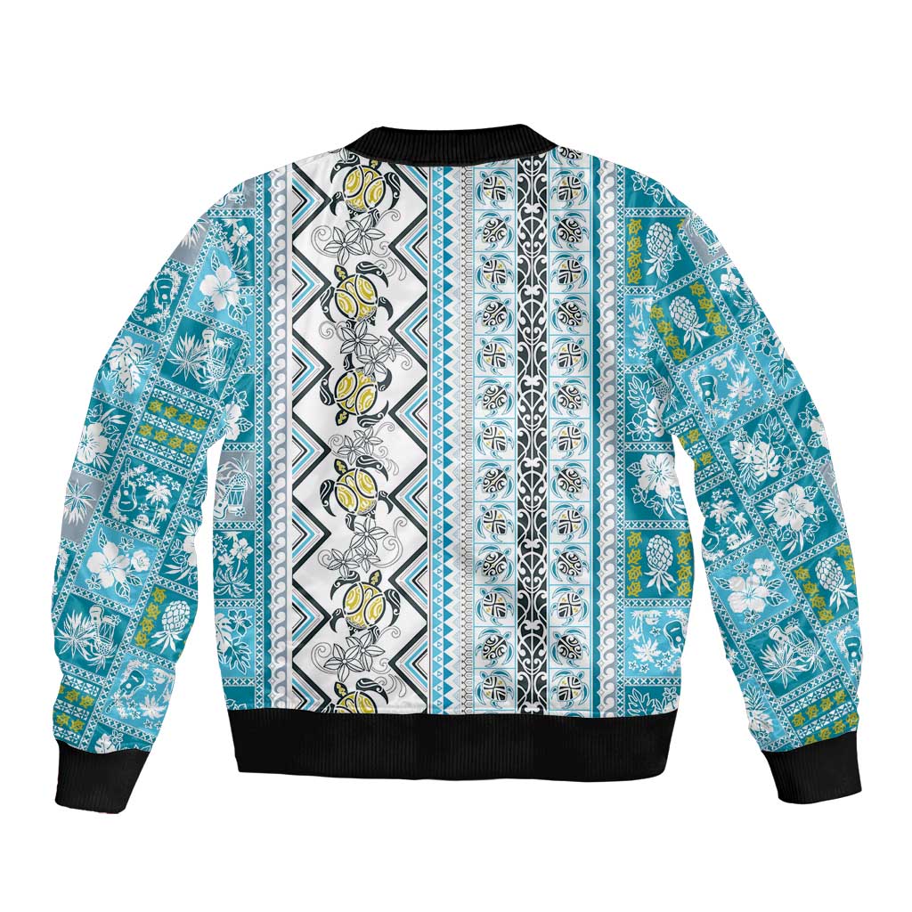 Hawaii Makahiki Turtle Sleeve Zip Bomber Jacket Blue Tapa Pattern LT05 - Polynesian Pride