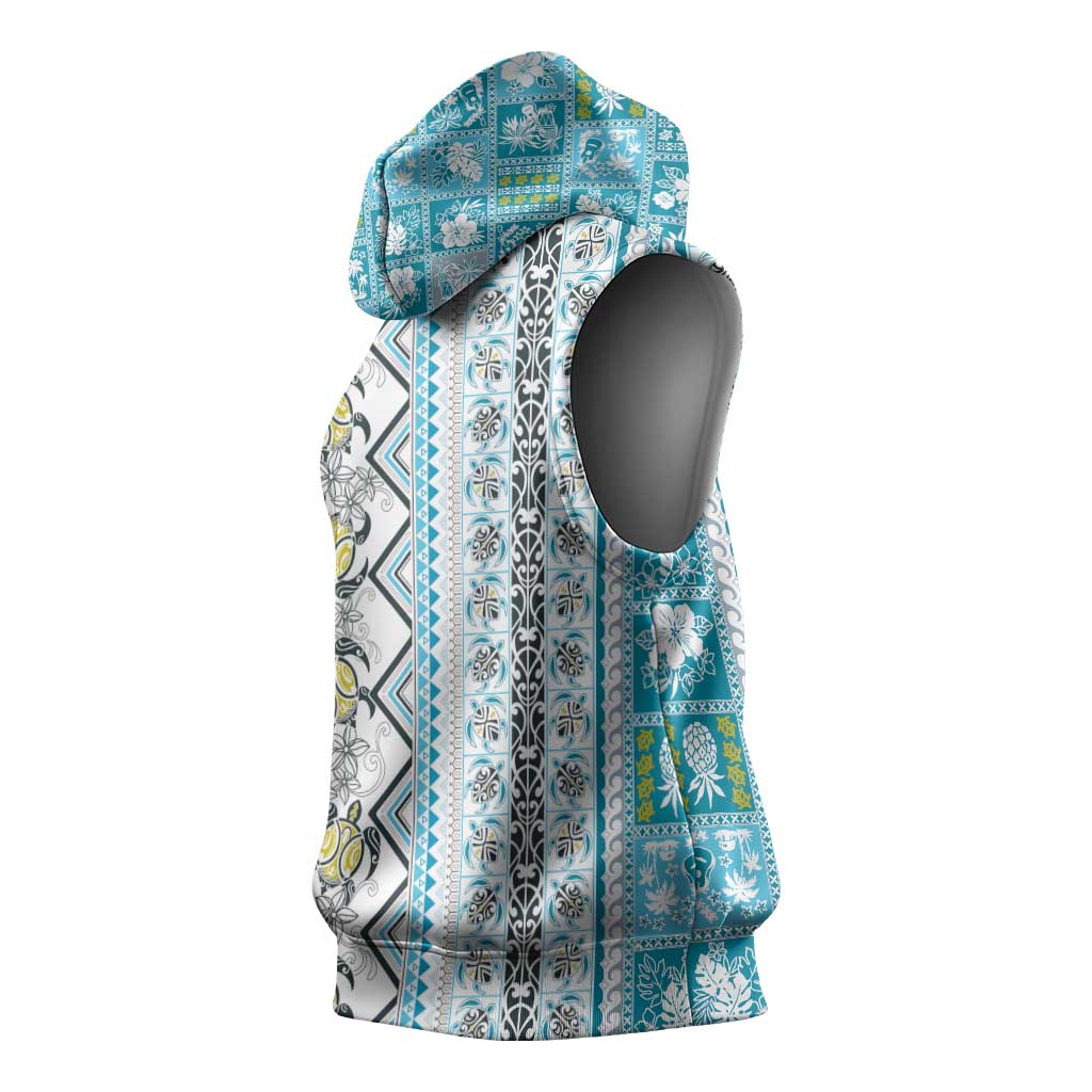 Hawaii Makahiki Turtle Sleeveless Hoodie Blue Tapa Pattern - Polynesian Pride