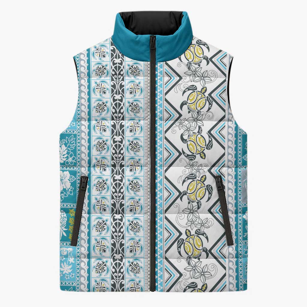 Hawaii Makahiki Turtle Sleeveless Puffer Jacket Blue Tapa Pattern - Polynesian Pride