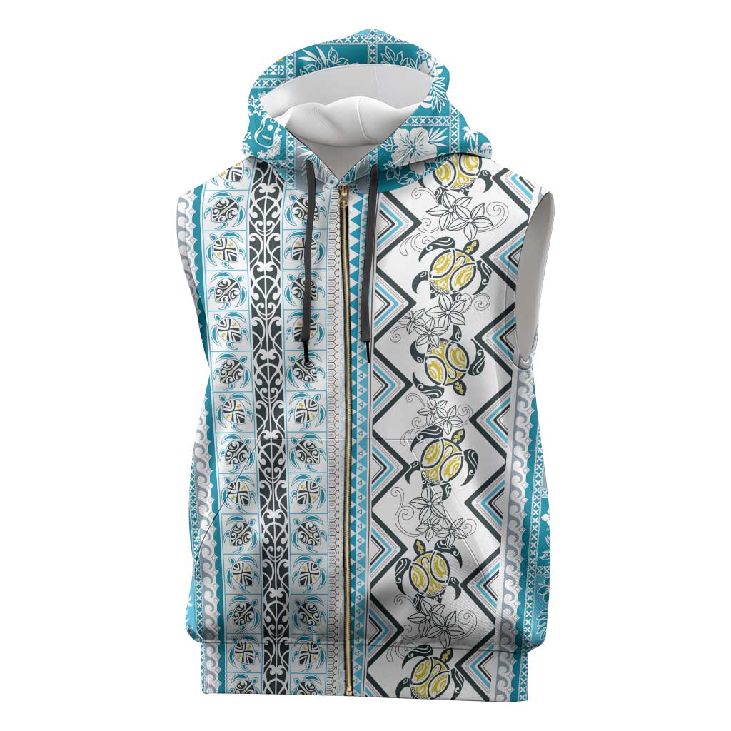 Hawaii Makahiki Turtle Sleeveless Zip Hoodie Blue Tapa Pattern - Polynesian Pride