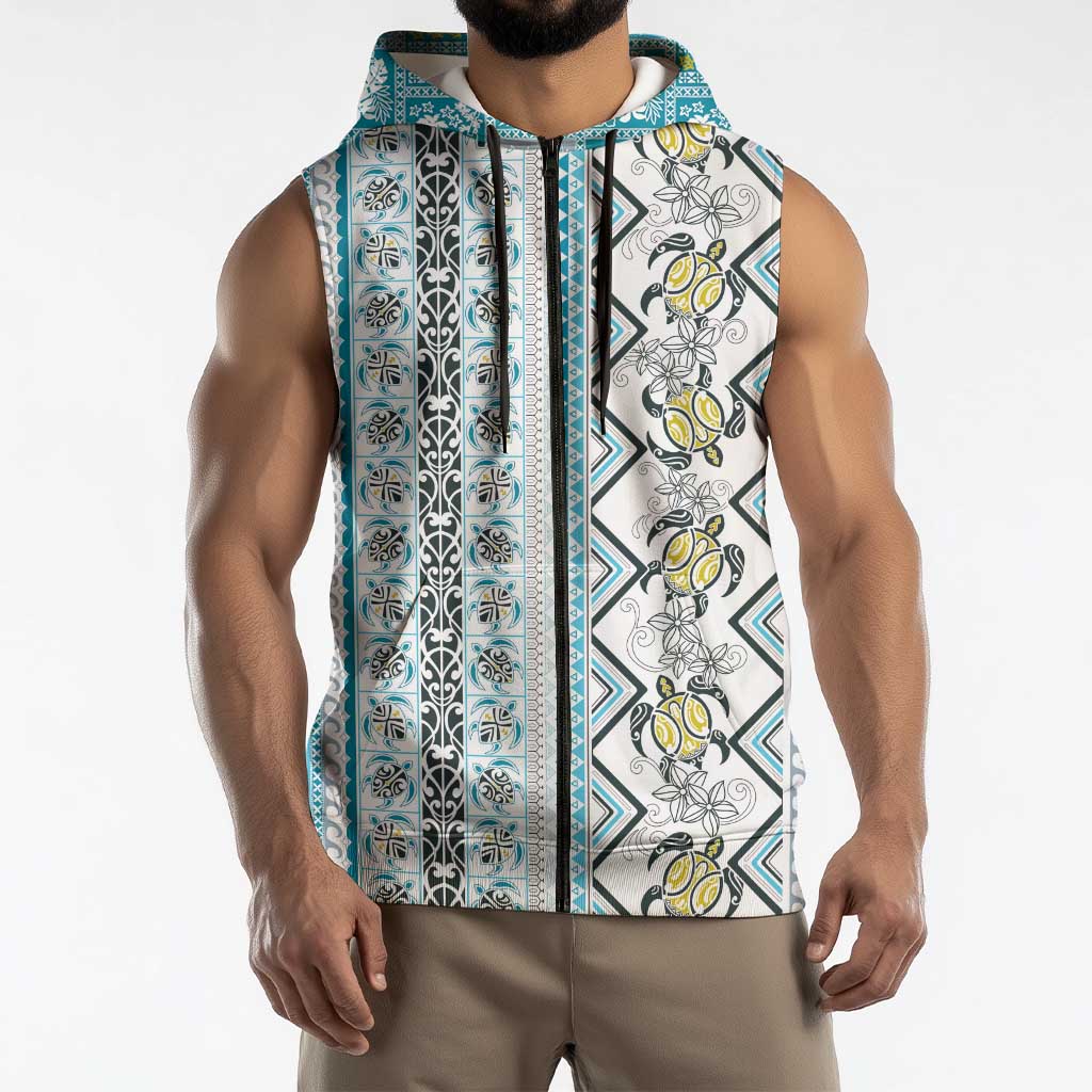 Hawaii Makahiki Turtle Sleeveless Zip Hoodie Blue Tapa Pattern LT05 - Polynesian Pride