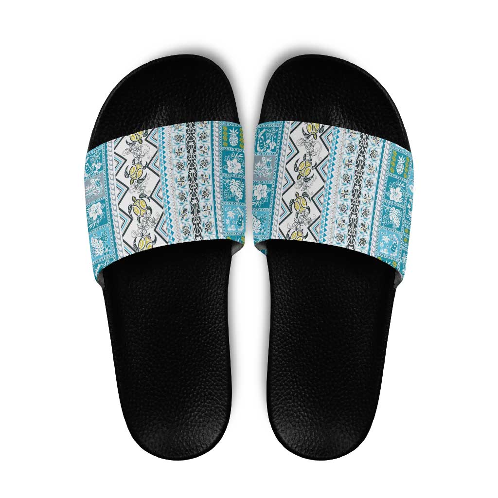 Hawaii Makahiki Turtle Slide Sandals Blue Tapa Pattern - Polynesian Pride