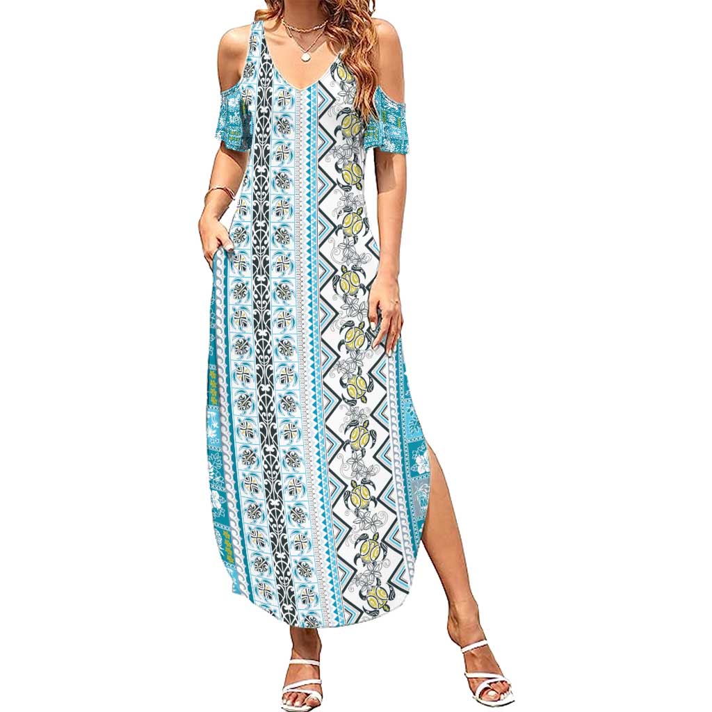 Hawaii Makahiki Turtle Summer Maxi Dress Blue Tapa Pattern - Polynesian Pride