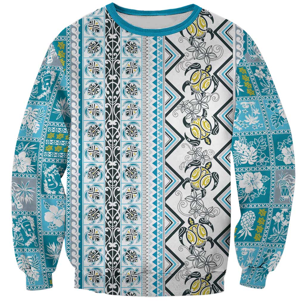Hawaii Makahiki Turtle Sweatshirt Blue Tapa Pattern - Polynesian Pride