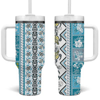 Hawaii Makahiki Turtle Tumbler With Handle Blue Tapa Pattern - Polynesian Pride