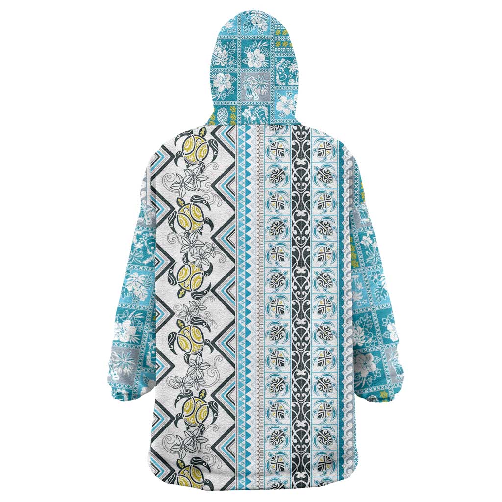 Hawaii Makahiki Turtle Wearable Blanket Hoodie Blue Tapa Pattern LT05 - Polynesian Pride