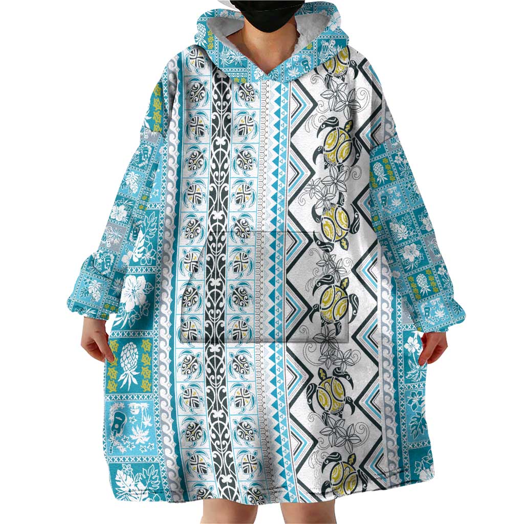 Hawaii Makahiki Turtle Wearable Blanket Hoodie Blue Tapa Pattern LT05 - Polynesian Pride
