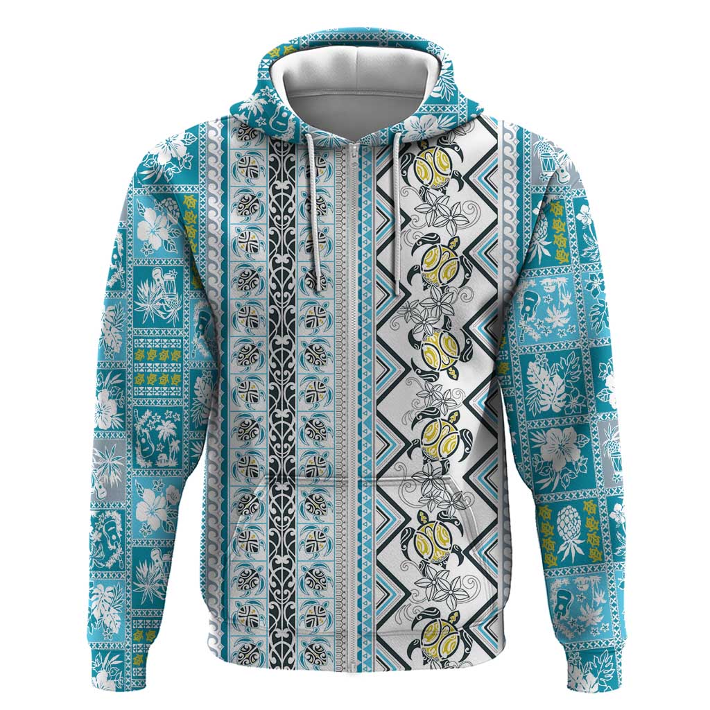 Hawaii Makahiki Turtle Zip Hoodie Blue Tapa Pattern LT05 Zip Hoodie Blue - Polynesian Pride