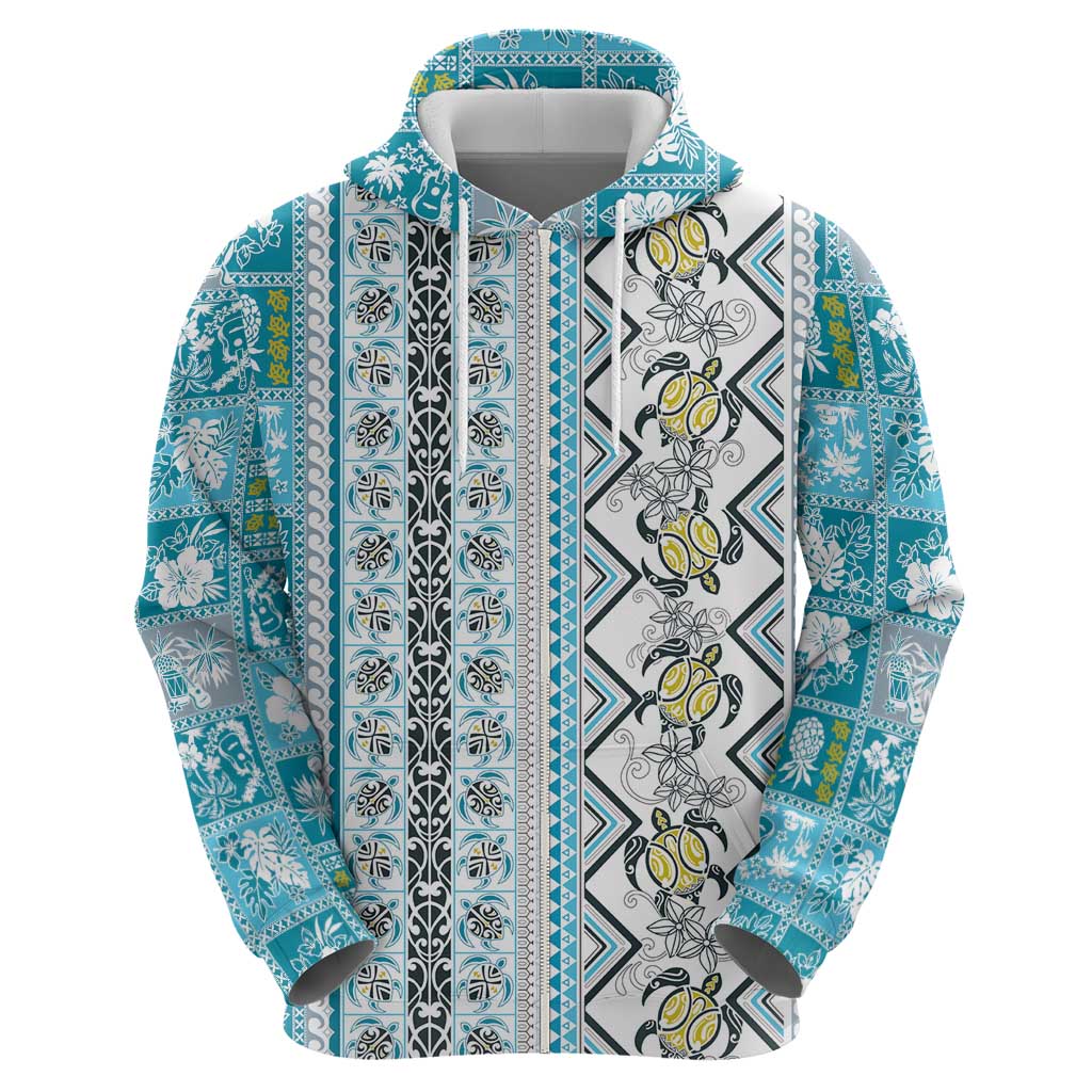 Hawaii Makahiki Turtle Zip Hoodie Blue Tapa Pattern LT05 - Polynesian Pride