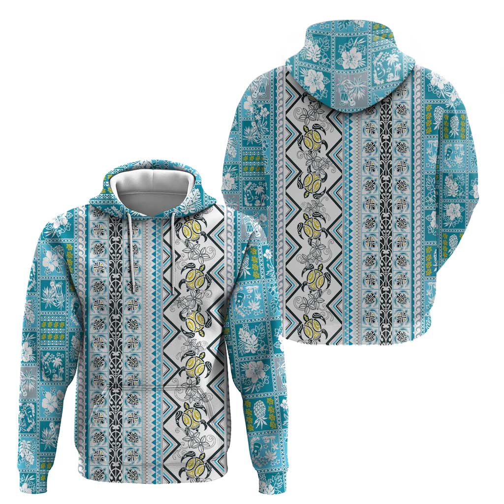 Hawaii Makahiki Turtle Zip Hoodie Blue Tapa Pattern LT05 - Polynesian Pride
