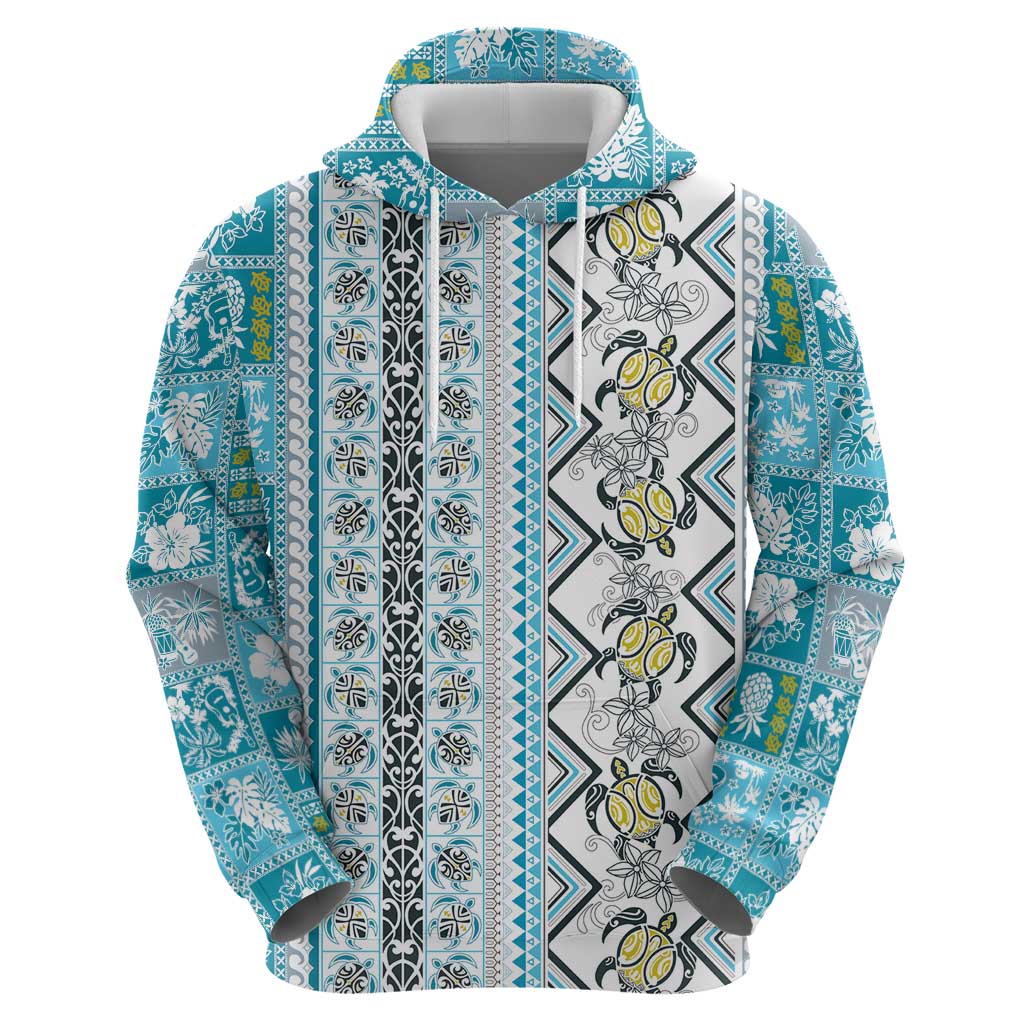 Hawaii Makahiki Turtle Zip Hoodie Blue Tapa Pattern LT05 - Polynesian Pride