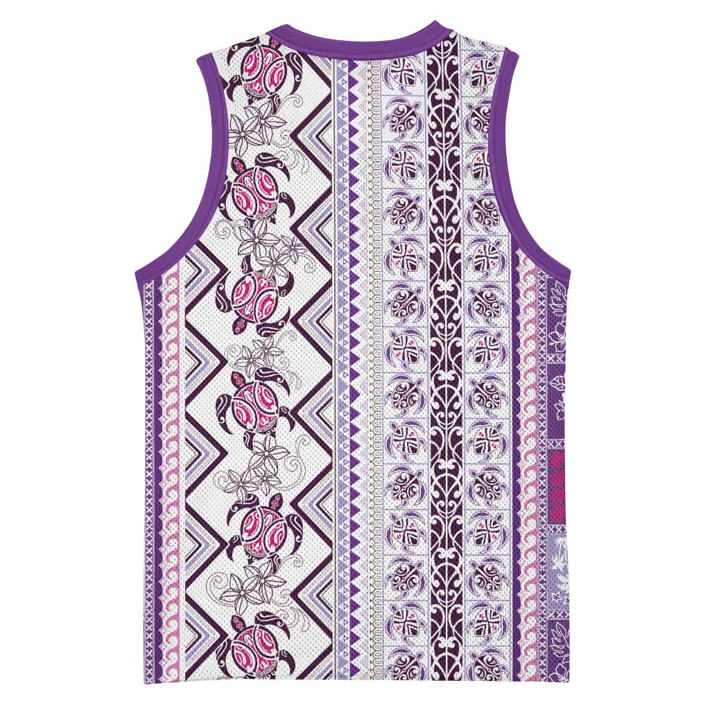 Hawaii Makahiki Turtle Basketball Jersey Violet Tapa Pattern - Polynesian Pride