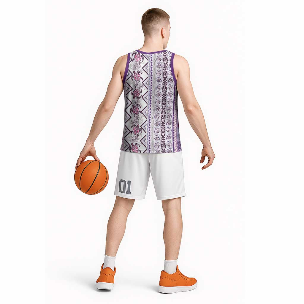 Hawaii Makahiki Turtle Basketball Jersey Violet Tapa Pattern - Polynesian Pride