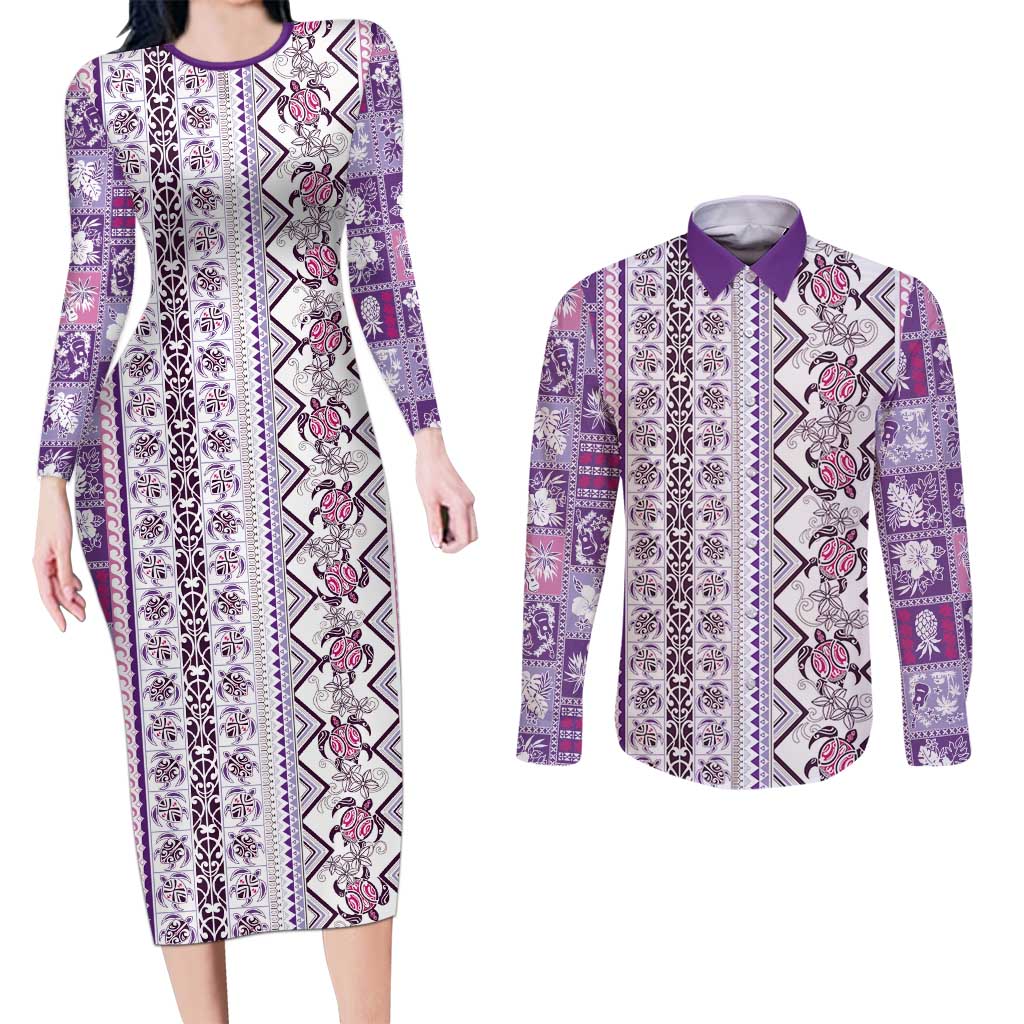 Hawaii Makahiki Turtle Couples Matching Long Sleeve Bodycon Dress and Long Sleeve Button Shirt Violet Tapa Pattern - Polynesian Pride