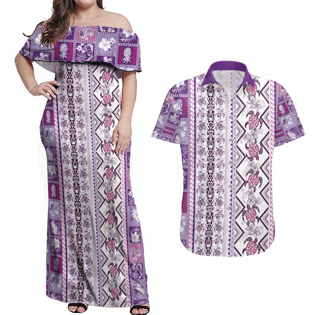 Hawaii Makahiki Turtle Couples Matching Off Shoulder Maxi Dress and Hawaiian Shirt Violet Tapa Pattern - Polynesian Pride