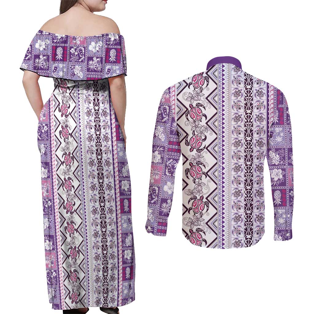Hawaii Makahiki Turtle Couples Matching Off Shoulder Maxi Dress and Long Sleeve Button Shirt Violet Tapa Pattern - Polynesian Pride