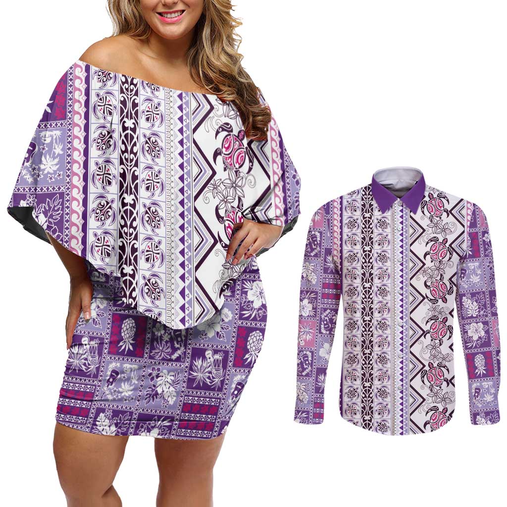 Hawaii Makahiki Turtle Couples Matching Off Shoulder Short Dress and Long Sleeve Button Shirt Violet Tapa Pattern - Polynesian Pride