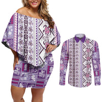 Hawaii Makahiki Turtle Couples Matching Off Shoulder Short Dress and Long Sleeve Button Shirt Violet Tapa Pattern - Polynesian Pride