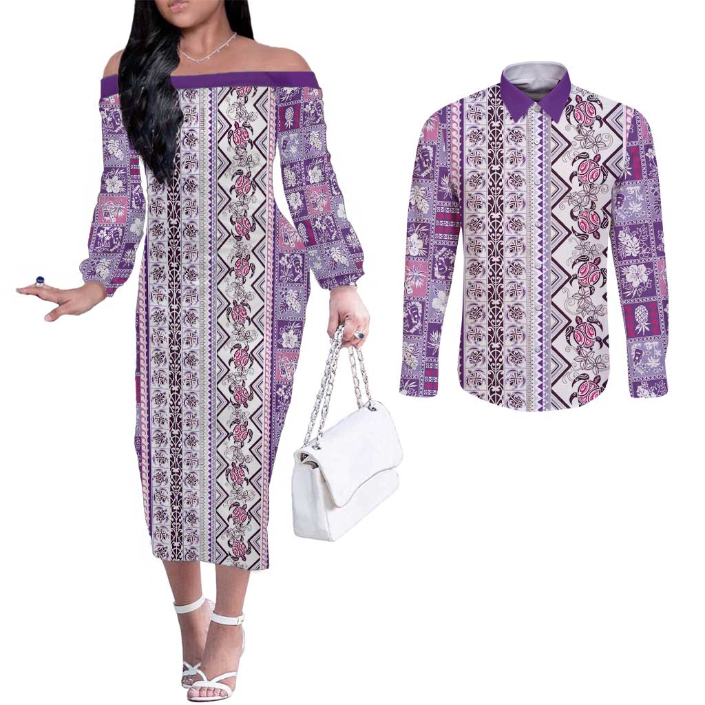 Hawaii Makahiki Turtle Couples Matching Off The Shoulder Long Sleeve Dress and Long Sleeve Button Shirt Violet Tapa Pattern - Polynesian Pride