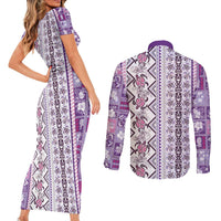 Hawaii Makahiki Turtle Couples Matching Short Sleeve Bodycon Dress and Long Sleeve Button Shirt Violet Tapa Pattern - Polynesian Pride