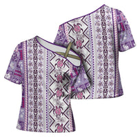 Hawaii Makahiki Turtle Cross Shoulder Shirt Violet Tapa Pattern - Polynesian Pride