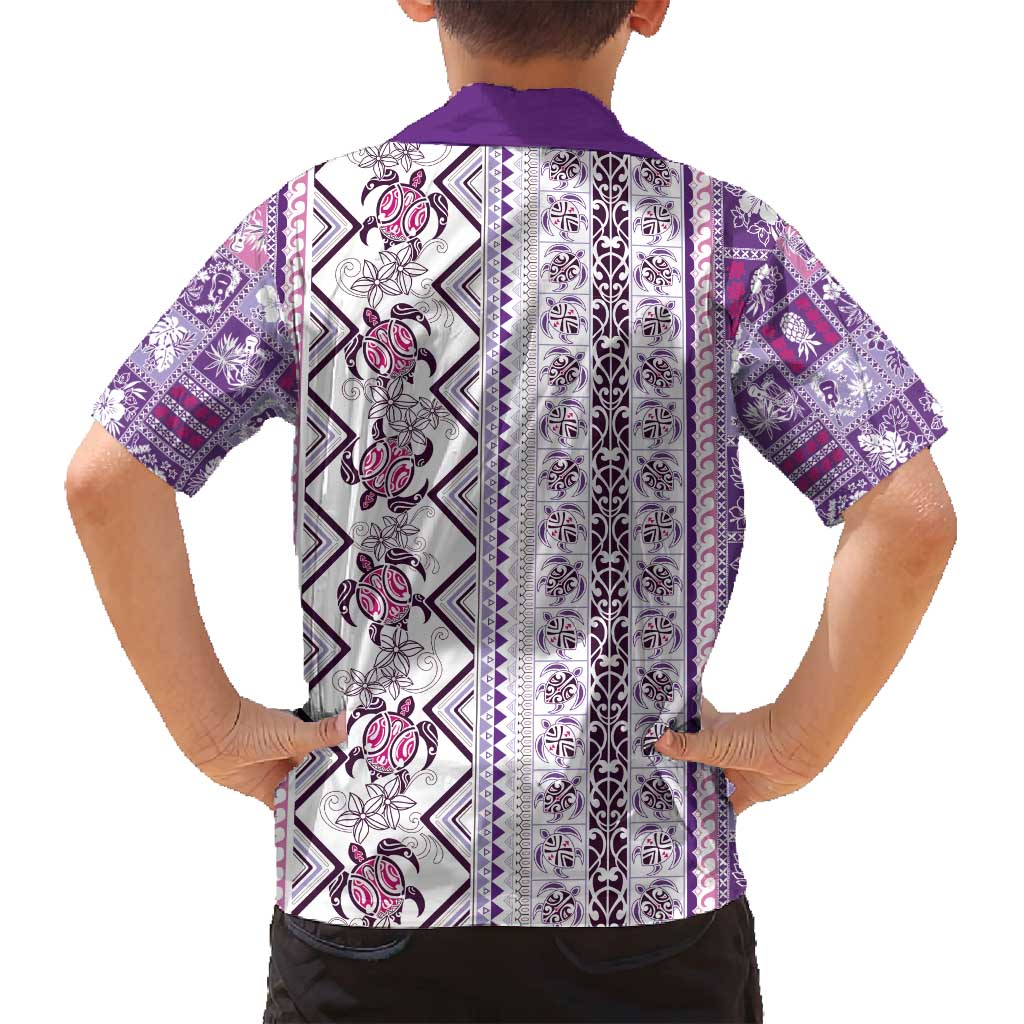 Hawaii Makahiki Turtle Family Matching Long Sleeve Bodycon Dress and Hawaiian Shirt Violet Tapa Pattern LT05 - Polynesian Pride