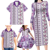 Hawaii Makahiki Turtle Family Matching Long Sleeve Bodycon Dress and Hawaiian Shirt Violet Tapa Pattern LT05 - Polynesian Pride