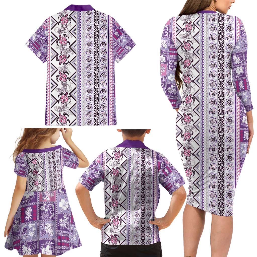 Hawaii Makahiki Turtle Family Matching Long Sleeve Bodycon Dress and Hawaiian Shirt Violet Tapa Pattern LT05 - Polynesian Pride