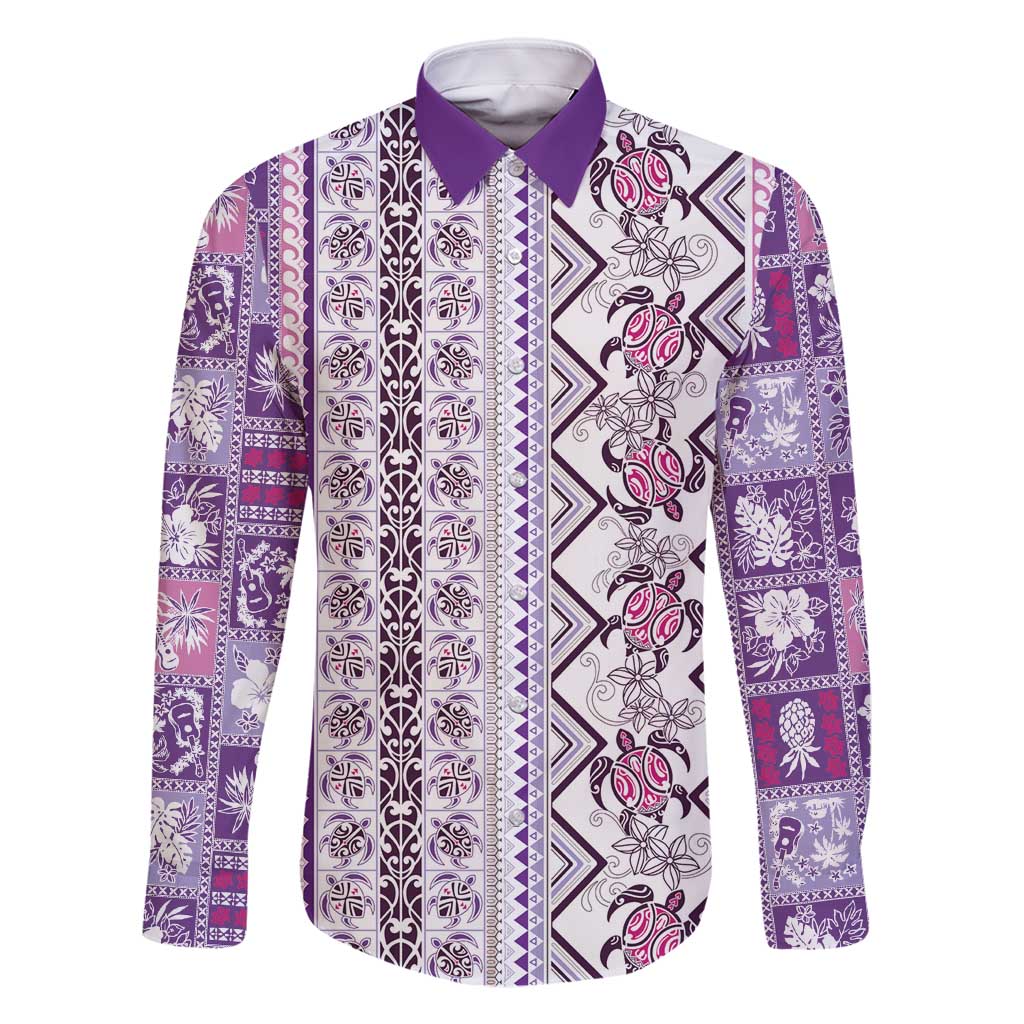 Hawaii Makahiki Turtle Family Matching Long Sleeve Bodycon Dress and Hawaiian Shirt Violet Tapa Pattern LT05 Dad's Shirt - Long Sleeve Violet - Polynesian Pride