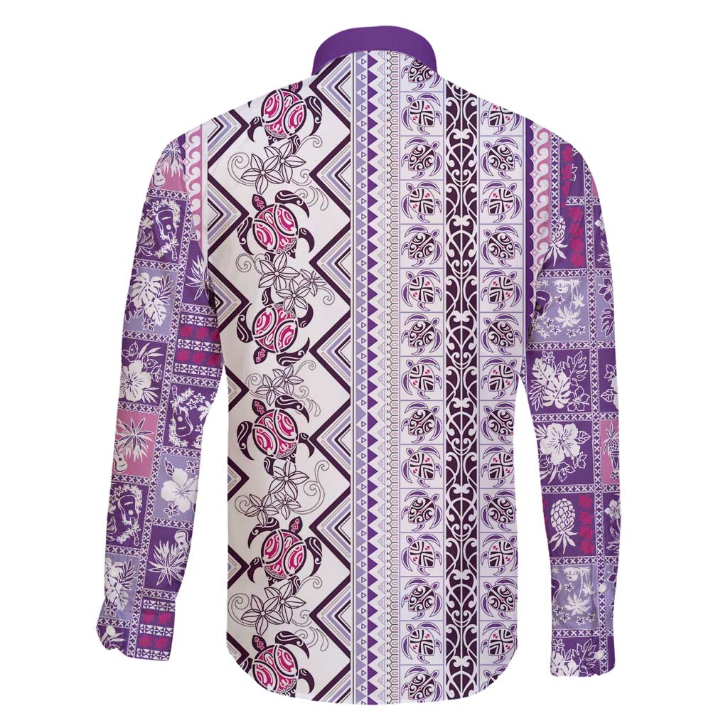 Hawaii Makahiki Turtle Family Matching Long Sleeve Bodycon Dress and Hawaiian Shirt Violet Tapa Pattern LT05 - Polynesian Pride