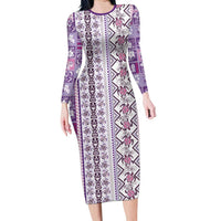 Hawaii Makahiki Turtle Family Matching Long Sleeve Bodycon Dress and Hawaiian Shirt Violet Tapa Pattern LT05 Mom's Dress Violet - Polynesian Pride
