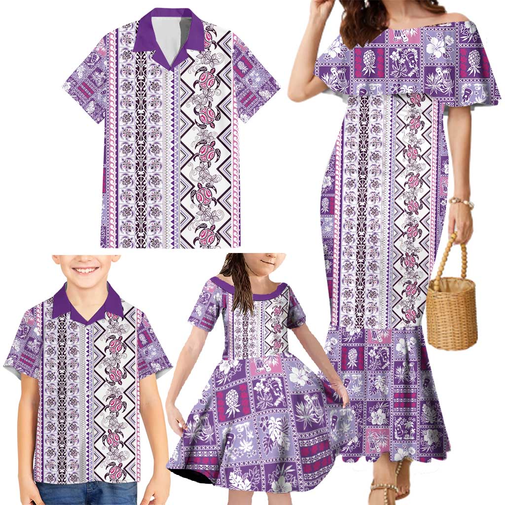 Hawaii Makahiki Turtle Family Matching Mermaid Dress and Hawaiian Shirt Violet Tapa Pattern - Polynesian Pride