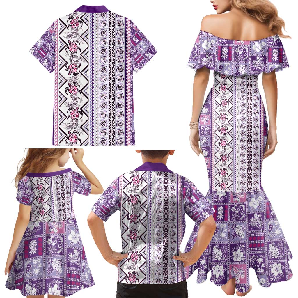 Hawaii Makahiki Turtle Family Matching Mermaid Dress and Hawaiian Shirt Violet Tapa Pattern - Polynesian Pride