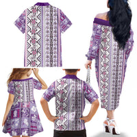 Hawaii Makahiki Turtle Family Matching Off The Shoulder Long Sleeve Dress and Hawaiian Shirt Violet Tapa Pattern - Polynesian Pride