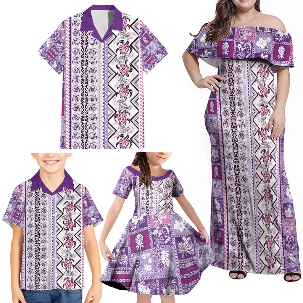 Hawaii Makahiki Turtle Family Matching Off Shoulder Maxi Dress and Hawaiian Shirt Violet Tapa Pattern - Polynesian Pride