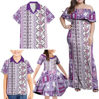 Hawaii Makahiki Turtle Family Matching Off Shoulder Maxi Dress and Hawaiian Shirt Violet Tapa Pattern - Polynesian Pride