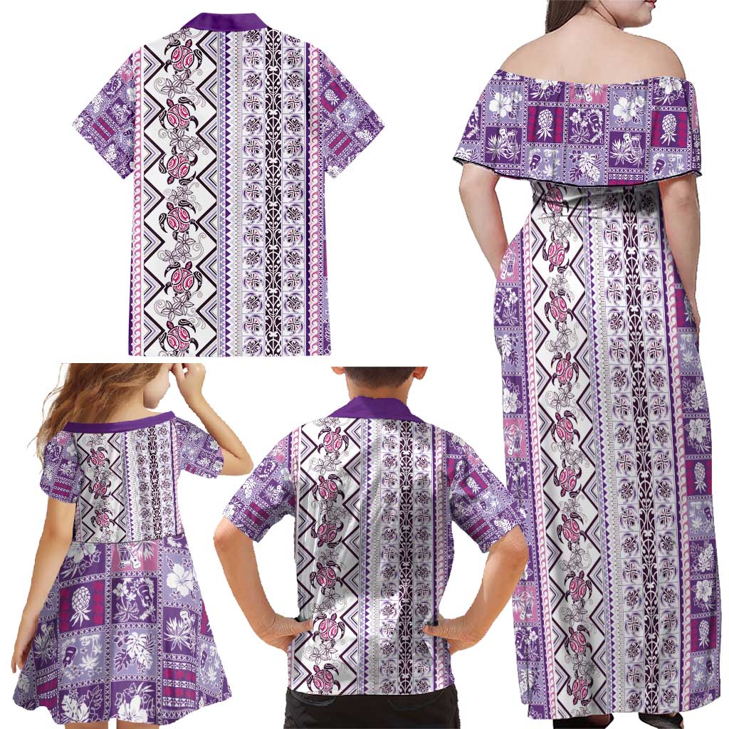 Hawaii Makahiki Turtle Family Matching Off Shoulder Maxi Dress and Hawaiian Shirt Violet Tapa Pattern - Polynesian Pride