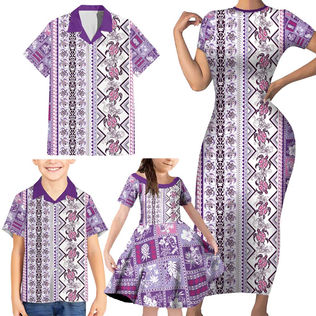Hawaii Makahiki Turtle Family Matching Short Sleeve Bodycon Dress and Hawaiian Shirt Violet Tapa Pattern - Polynesian Pride