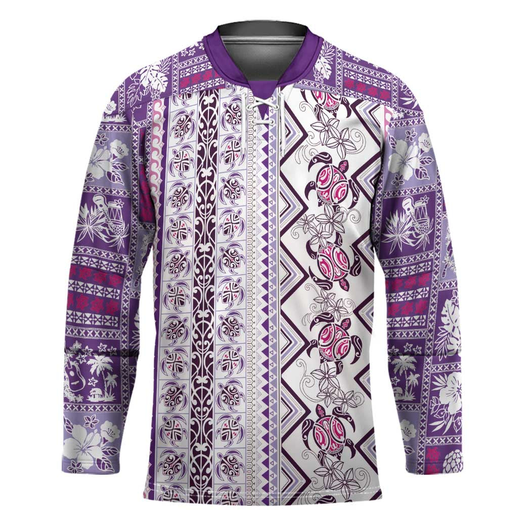 Hawaii Makahiki Turtle Hockey Jersey Violet Tapa Pattern - Polynesian Pride
