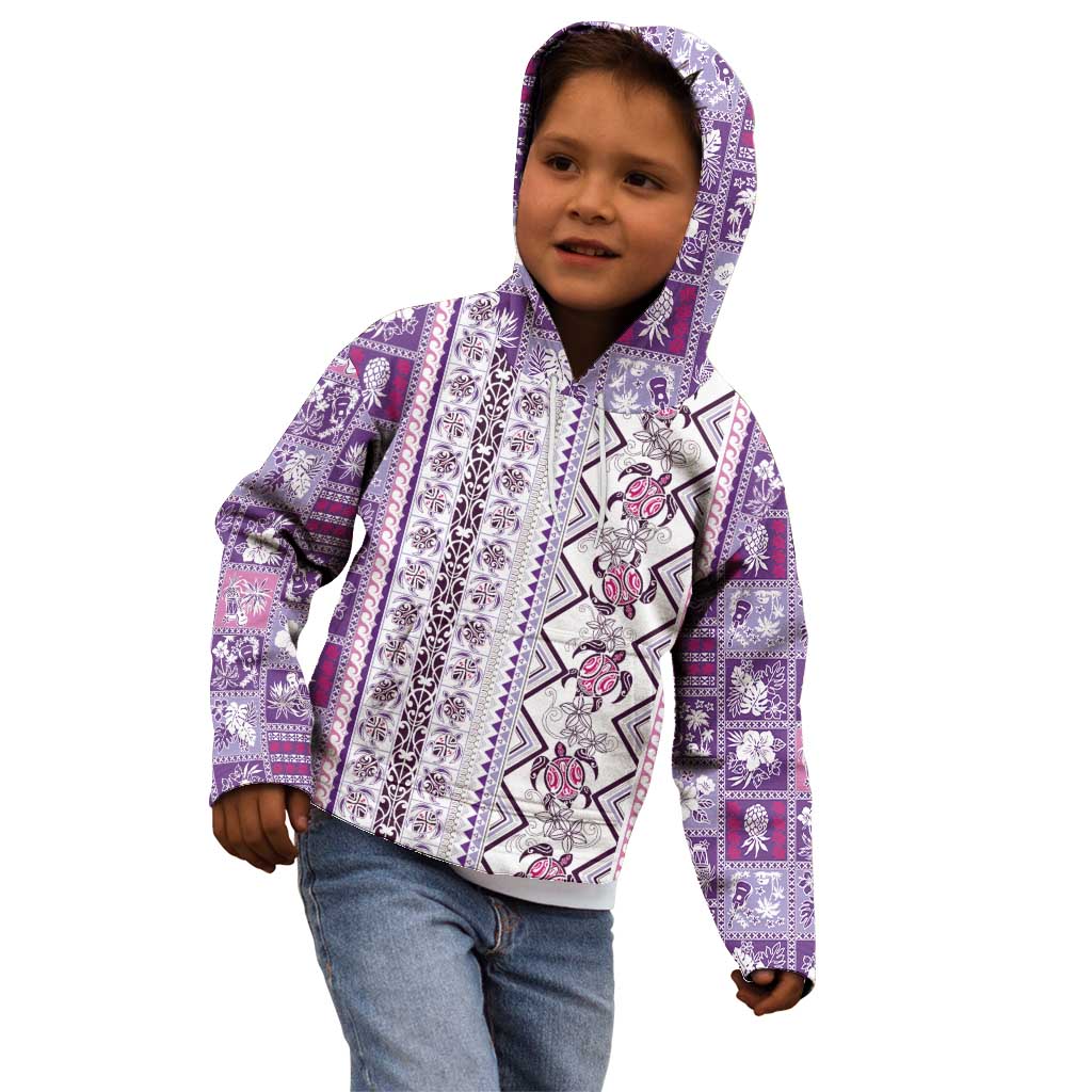 Hawaii Makahiki Turtle Kid Hoodie Violet Tapa Pattern - Polynesian Pride