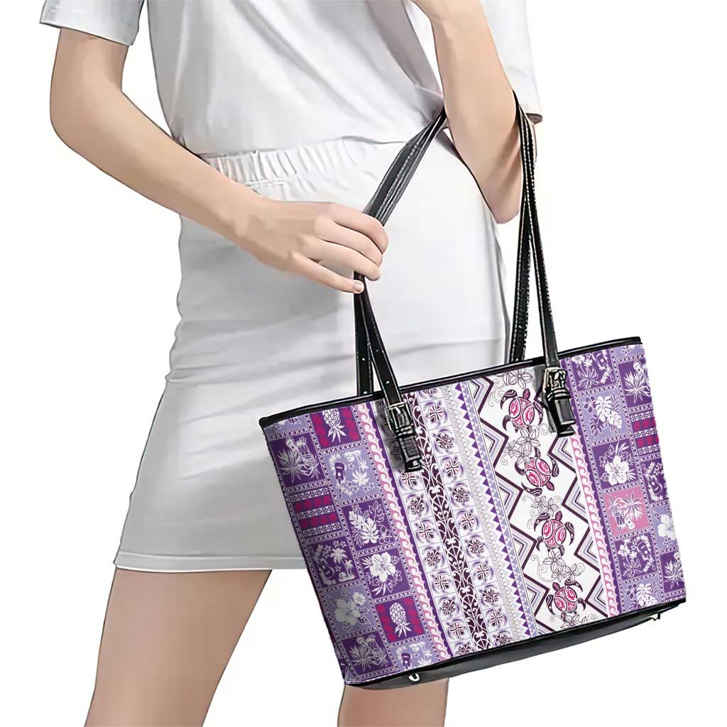 Hawaii Makahiki Turtle Leather Tote Bag Violet Tapa Pattern - Polynesian Pride