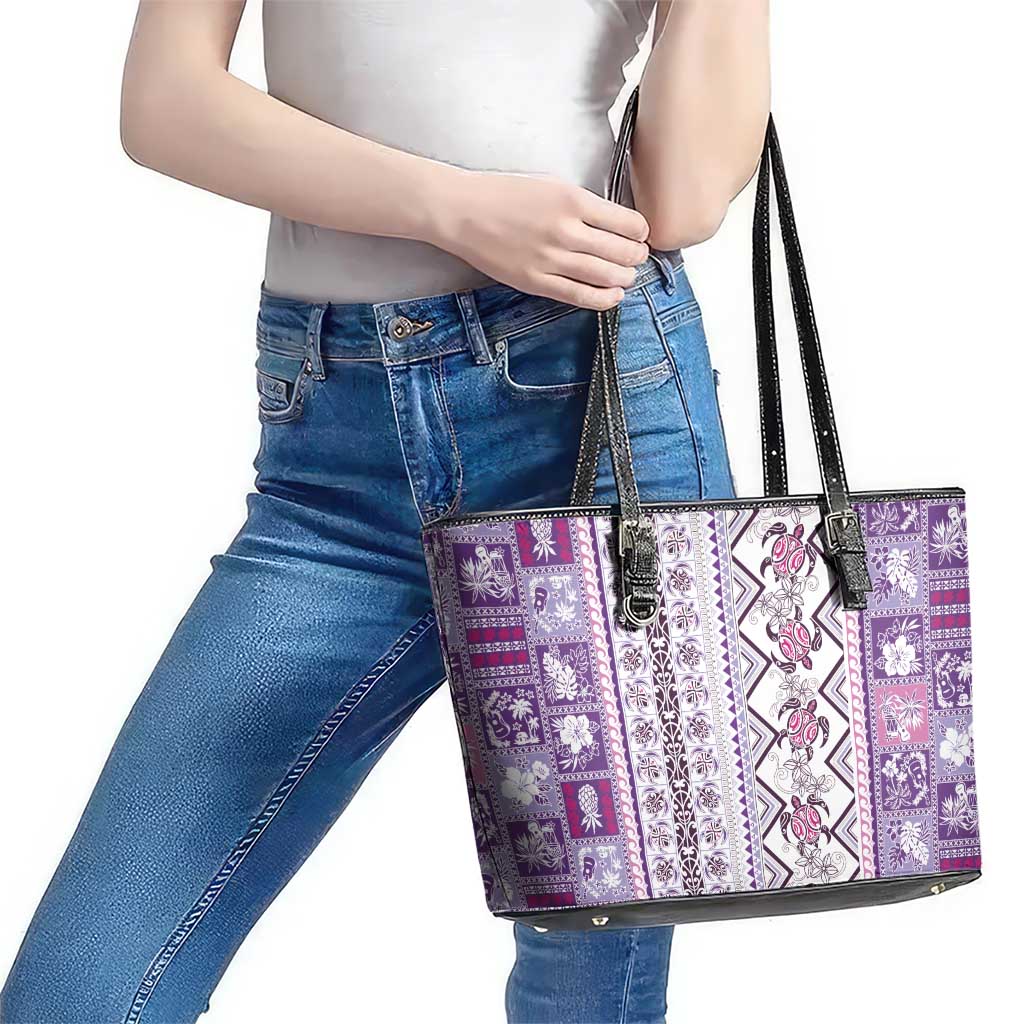 Hawaii Makahiki Turtle Leather Tote Bag Violet Tapa Pattern - Polynesian Pride
