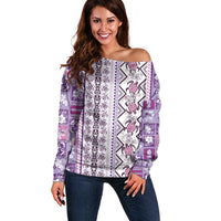 Hawaii Makahiki Turtle Off Shoulder Sweater Violet Tapa Pattern - Polynesian Pride